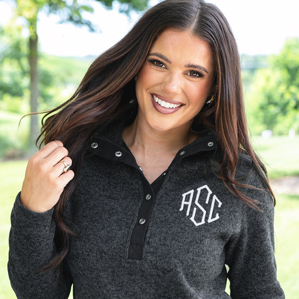 heathered black pullover tunic on peyton up close