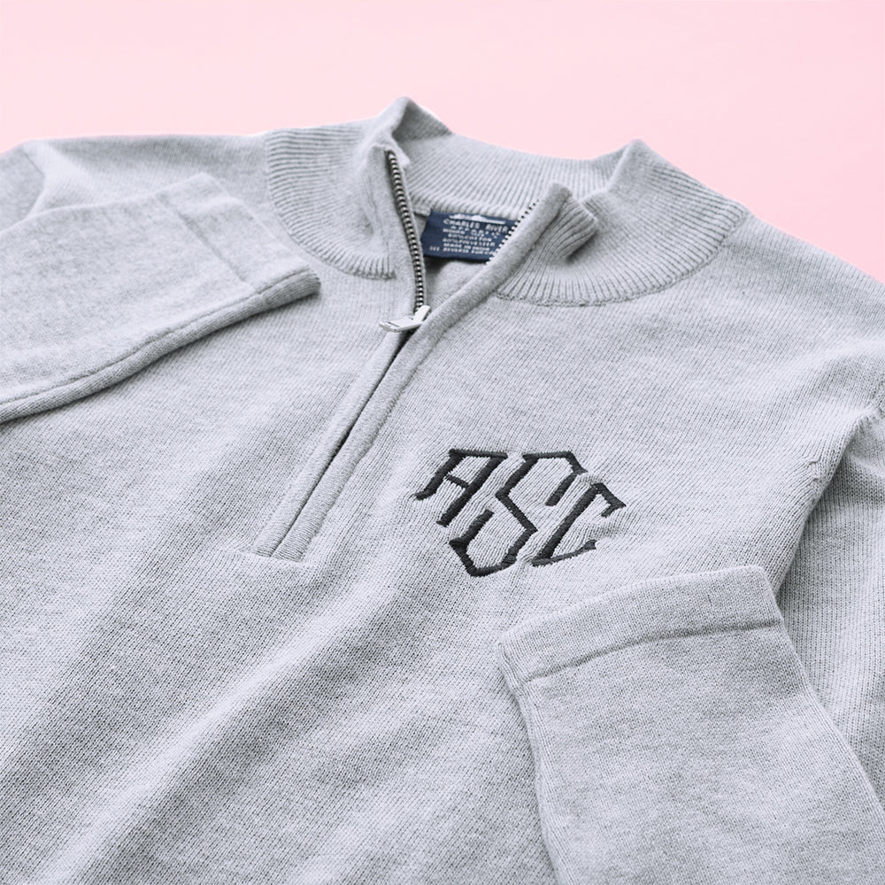 heathered gray knit quarter zip pullover flatlay up close