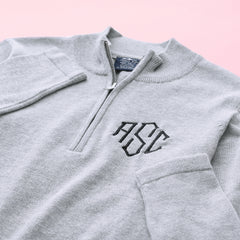 heathered gray knit quarter zip pullover flatlay up close