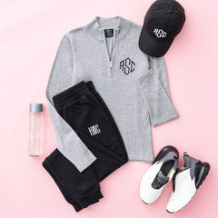 heathered gray knit quarter zip pullover flatlay