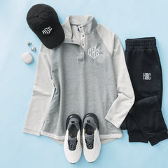 heathered grey monogrammed essential pullover ootd 