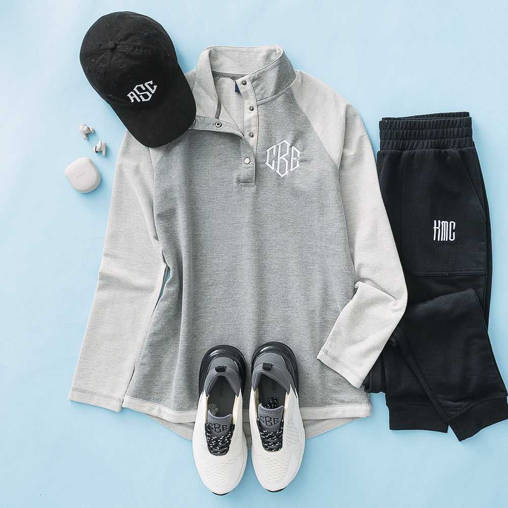heathered grey monogrammed essential pullover ootd 
