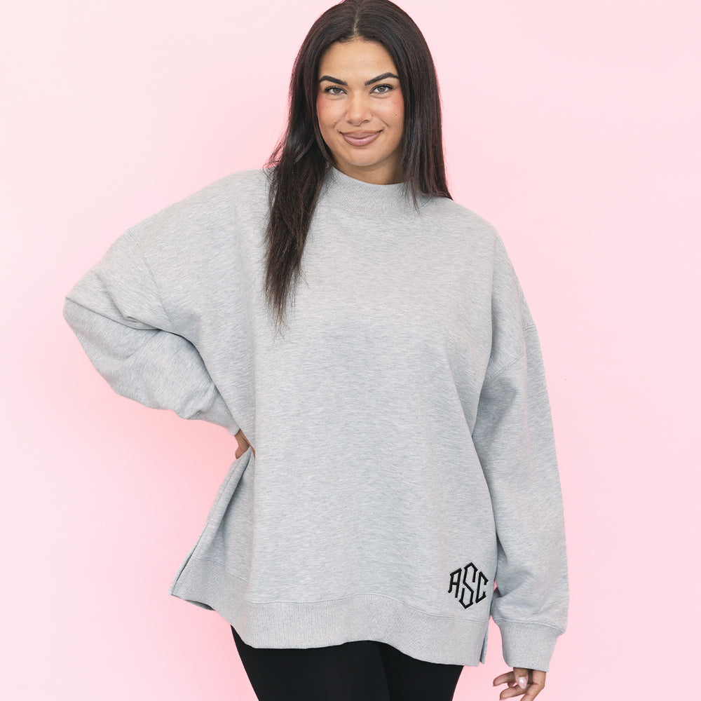 heathered grey monogrammed mockneck sweatshirt 
