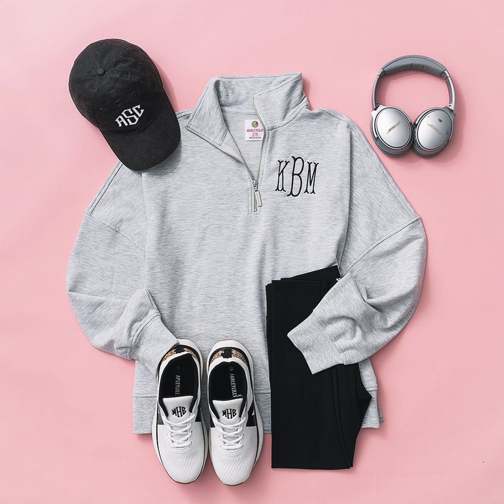 heathered grey monogrammed oversized quarter zip pullover ootd 