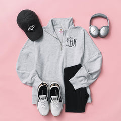 heathered grey monogrammed oversized quarter zip pullover ootd 