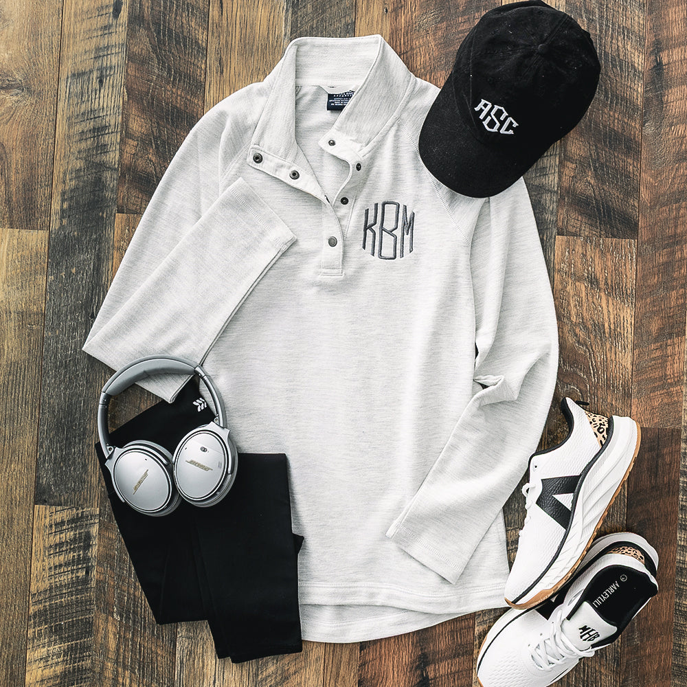 heathered ivory monogrammed essential pullover ootd 