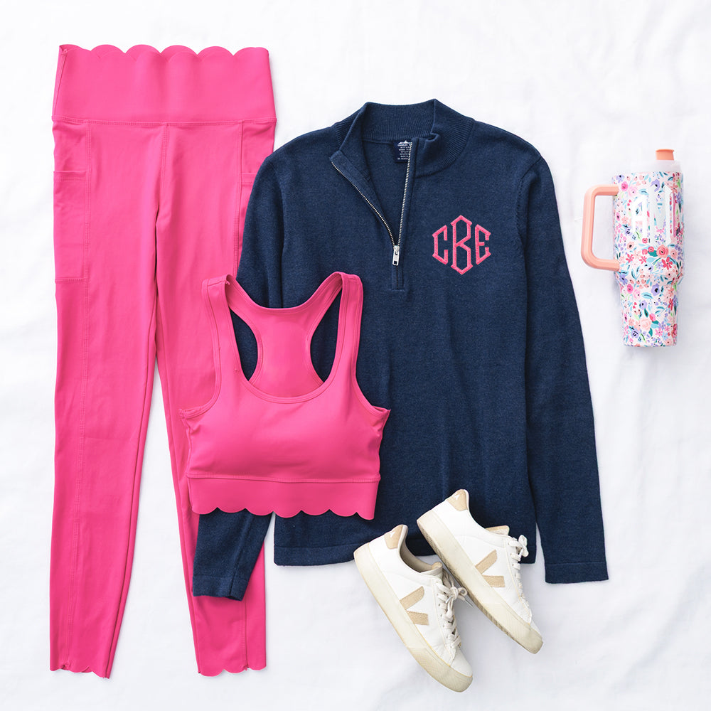 heathered navy knit quarter zip pullover flatlay
