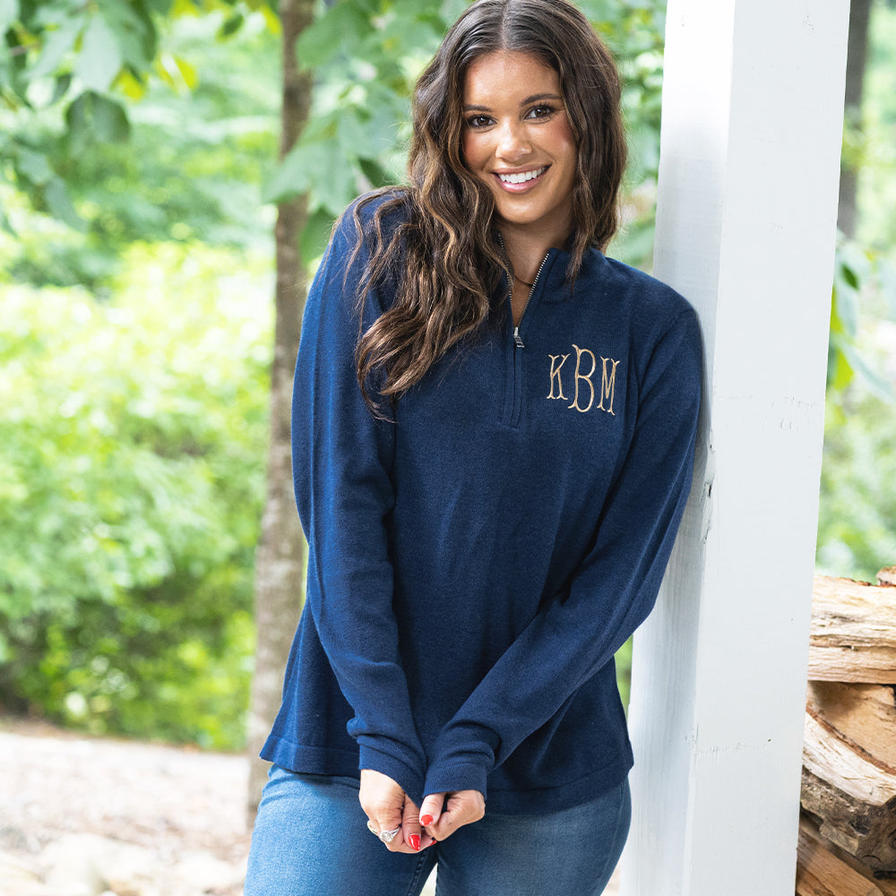 heathered navy knit quarter zip pullover on peyton