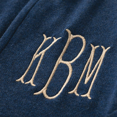 heathered navy knit quarter zip pullover up close