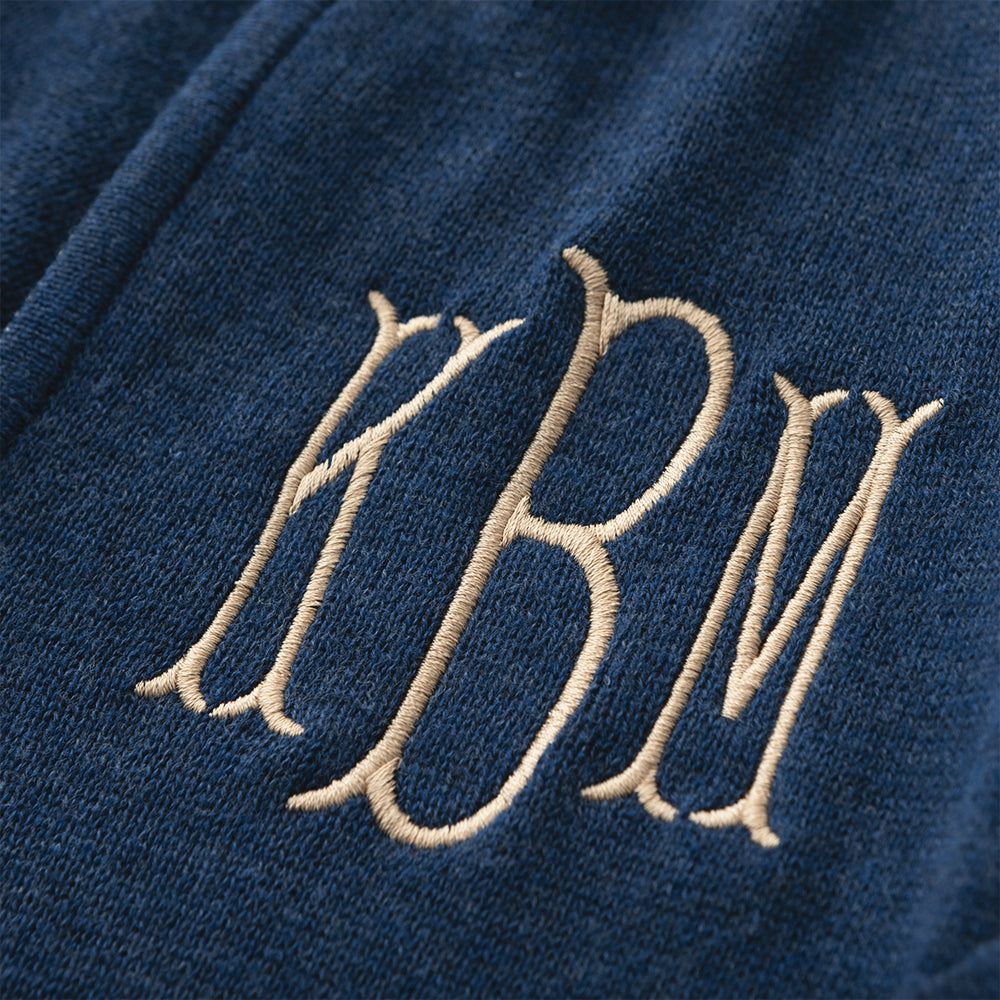 heathered navy knit quarter zip pullover up close