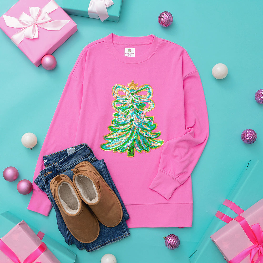 hot pink christmas sweatshirt flatlay