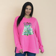 hot pink christmas sweatshirt on Julia ann