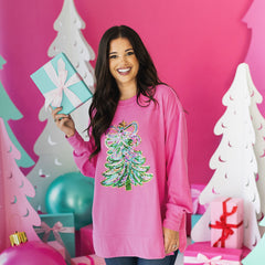 hot pink christmas sweatshirt on peyton closeup