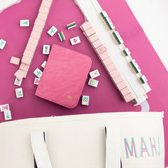 hot pink mahjong card holder with mahj bag