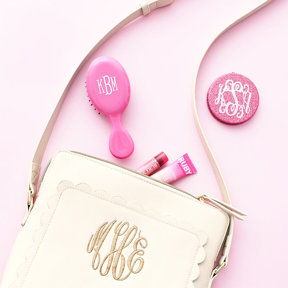 hot pink purse hairbrush with crossbody and compact mirror