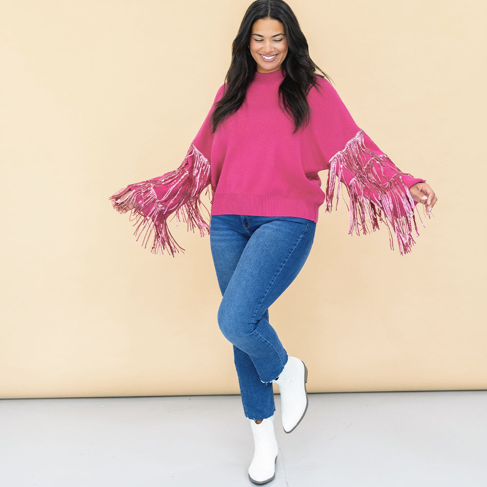 Sequin Fringe High Neck Sweater | Marleylilly