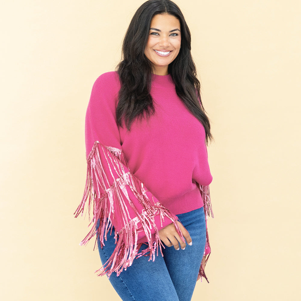 Sequin Fringe High Neck Sweater | Marleylilly