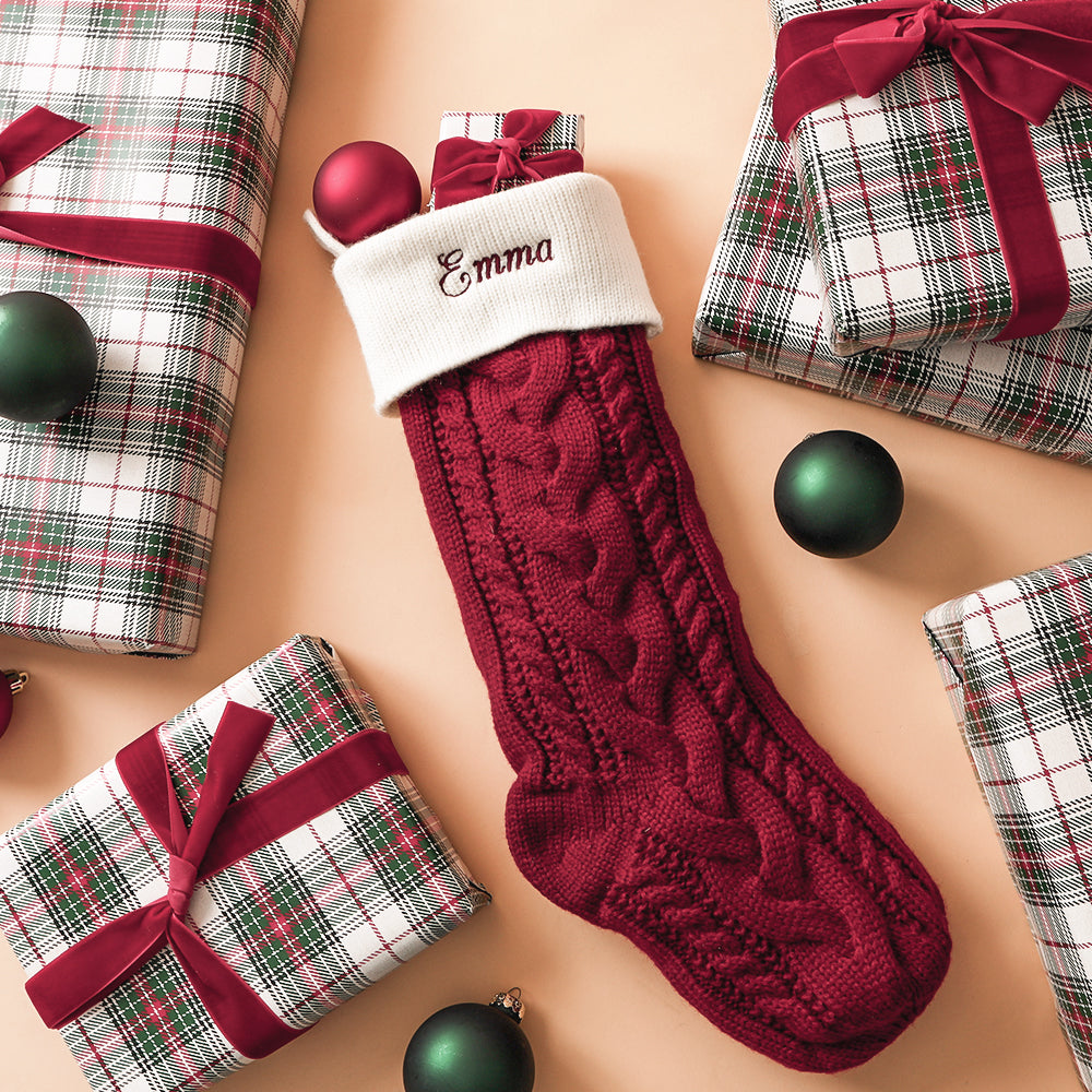 burgundy christmas stocking flatlay