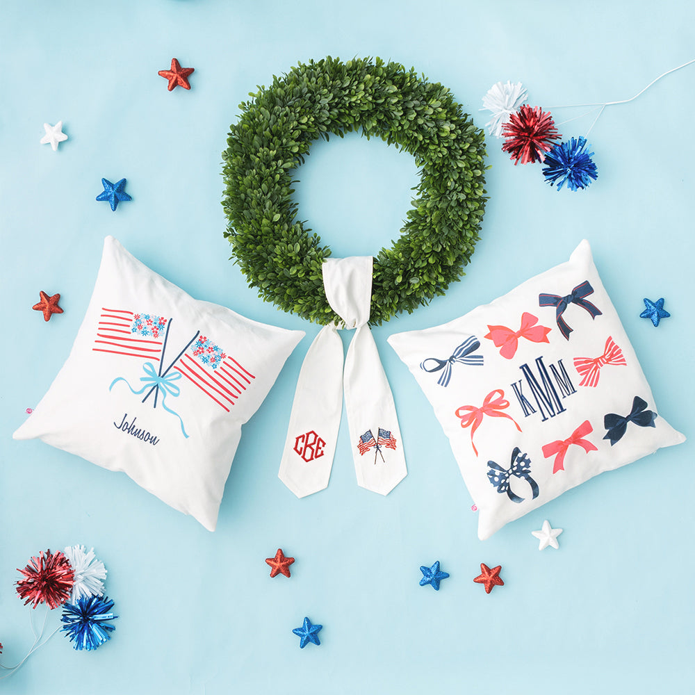 monogrammed america pillows with america wreath sash