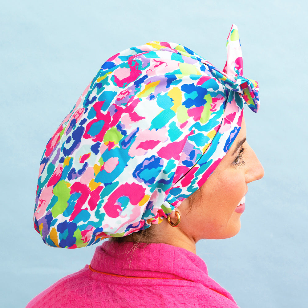 watercolor cheetah reusable shower cap - side view