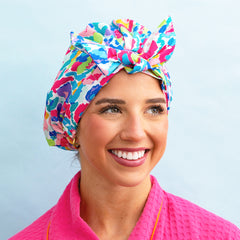 watercolor cheetah reusable shower cap on meg