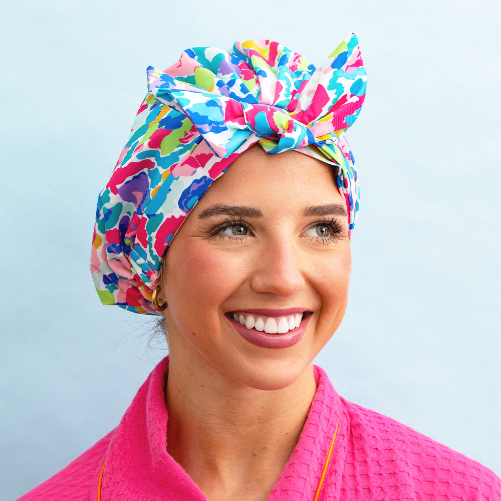 watercolor cheetah reusable shower cap on meg