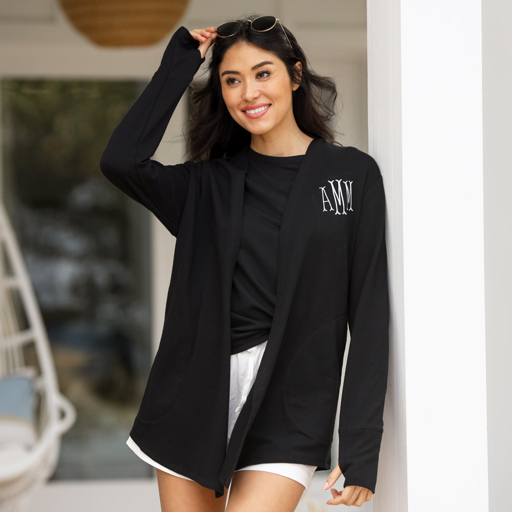 [Christie] black sweatshirt cardigan at the beach