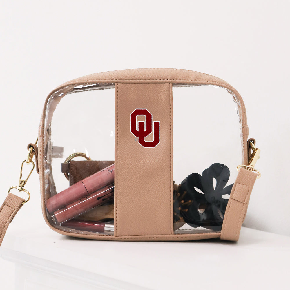 Oklahoma Sooners Clear Stadium Crossbody Bag in Tan - studio shot