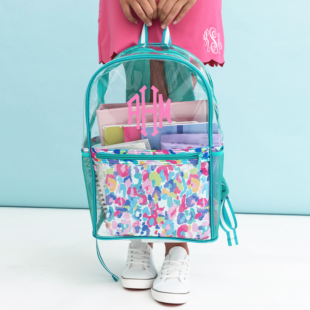 watercolor cheetah clear backpack in hands