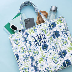 indigo painted petals monogrammed quilted tote bag packed 