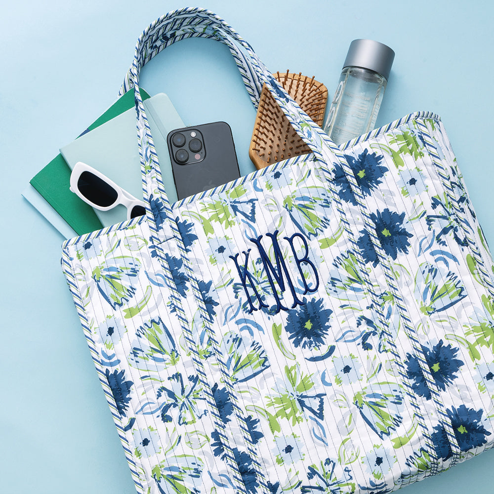 indigo painted petals monogrammed quilted tote bag packed 