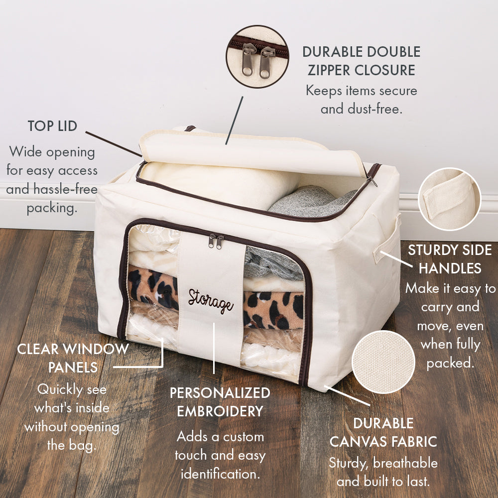 infographic personalized storage bag in ivory packed 