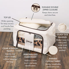 infographic personalized storage bag in ivory packed 