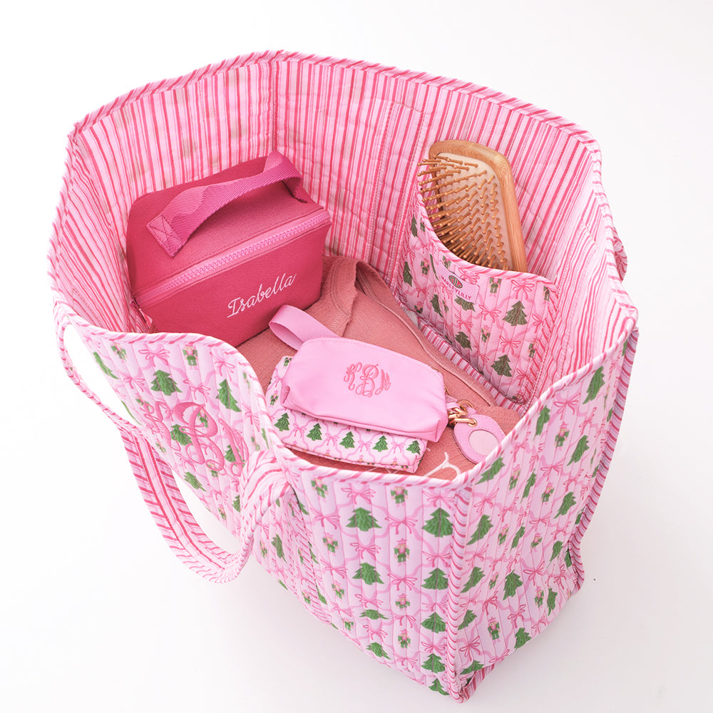 inside of personalized christmas lattice quilted tote bag