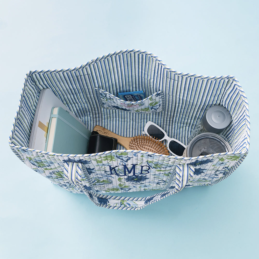 inside of quilted tote bag in indigo painted petals 