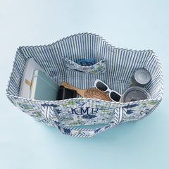 inside of quilted tote bag in indigo painted petals 