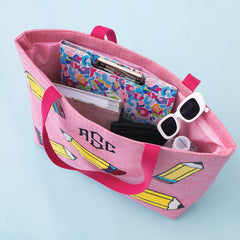 inside of sequin tote bag in pink pencils 