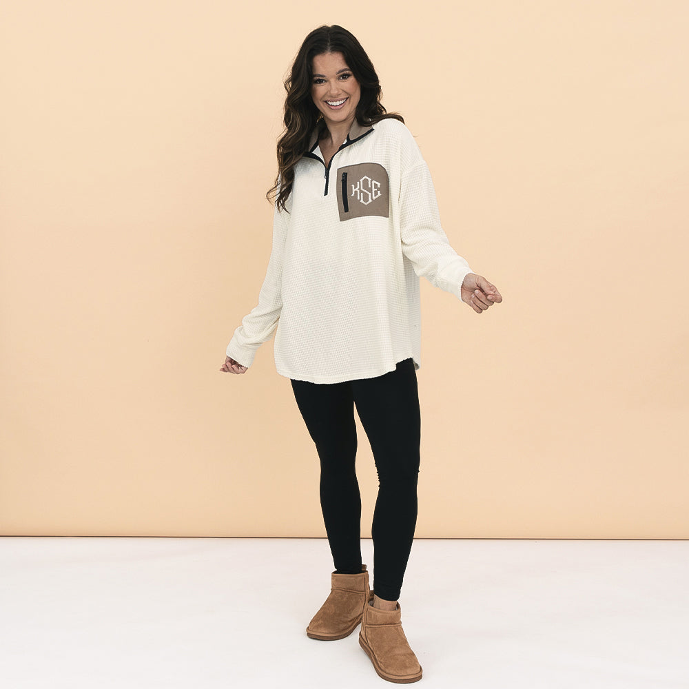 ivory Grid Fleece Quarter Zip Pullover on girl fullshot with ivory monogram