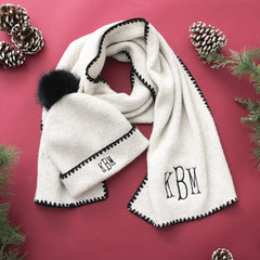 ivory and black embroidered edge beanie with scarf flatlay