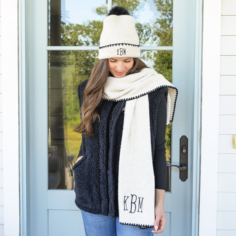 ivory and black embroidered edge beanie with scarf