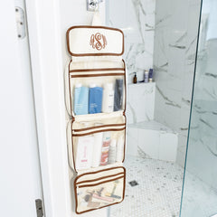 ivory hanging organizer hanging in bathroom