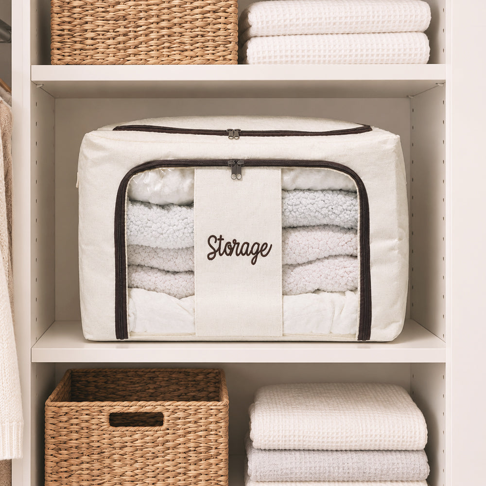 ivory monogrammed storage bag in closet 