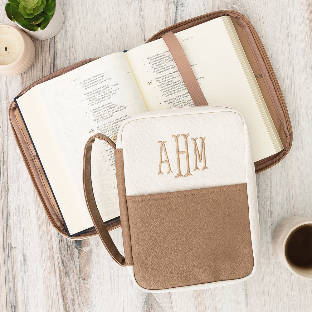 ivory tan bible carrier on wood