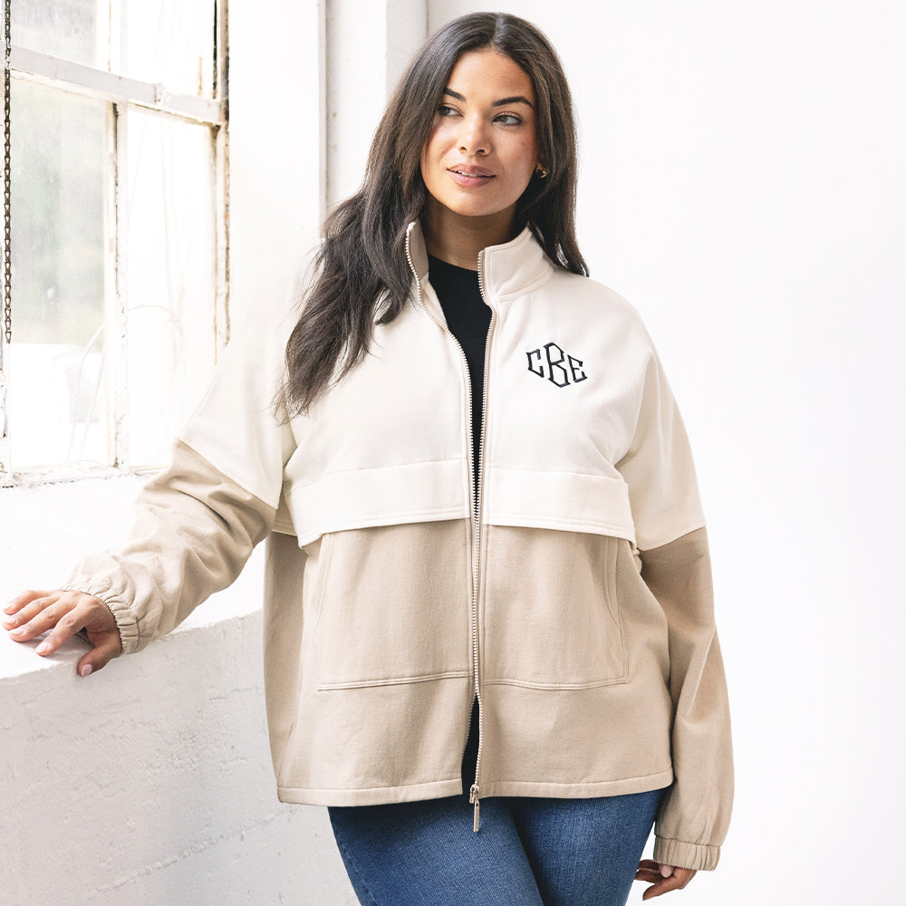 girl wearing personalized colorblock jacket with jeans