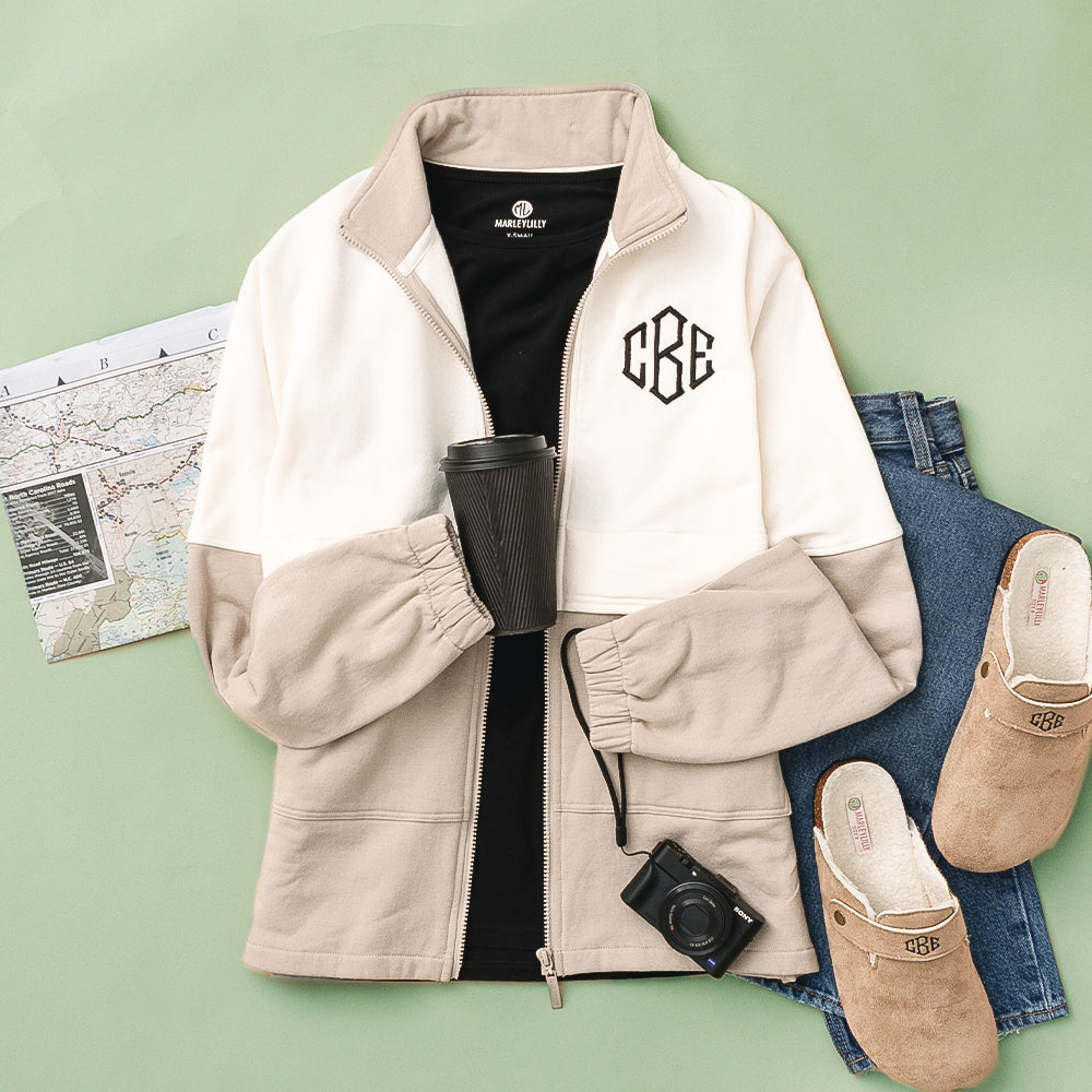 monogrammed colorblock jacket outfit with clogs