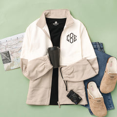 monogrammed colorblock jacket outfit with clogs