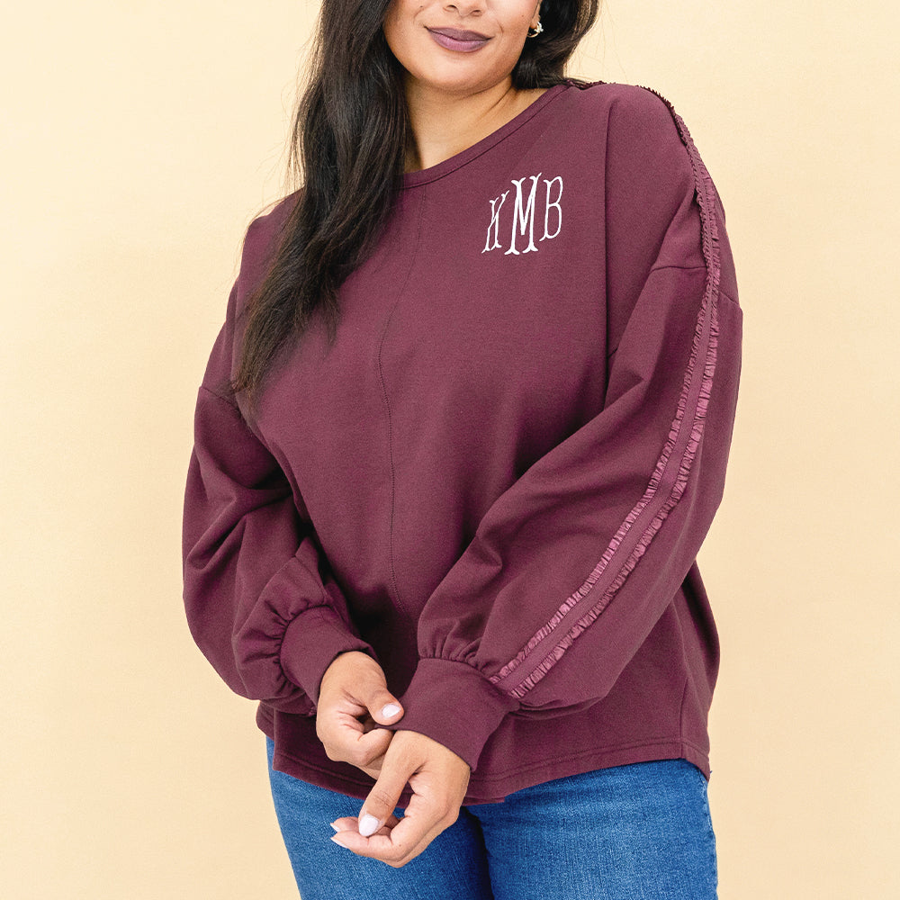 burgundy accent sleeve sweatshirt on julia ann