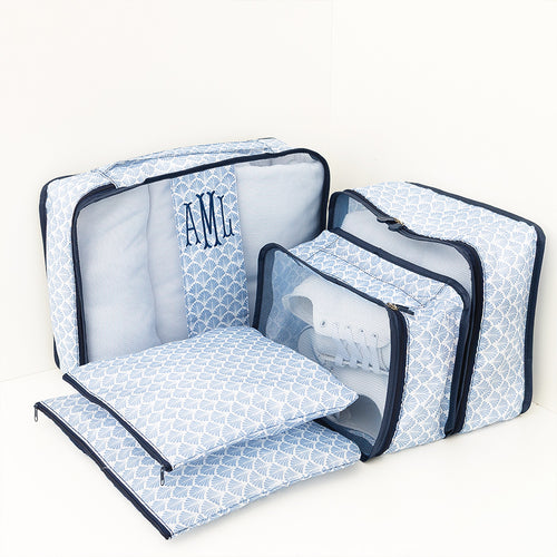 blue shell packing bag set studio shot