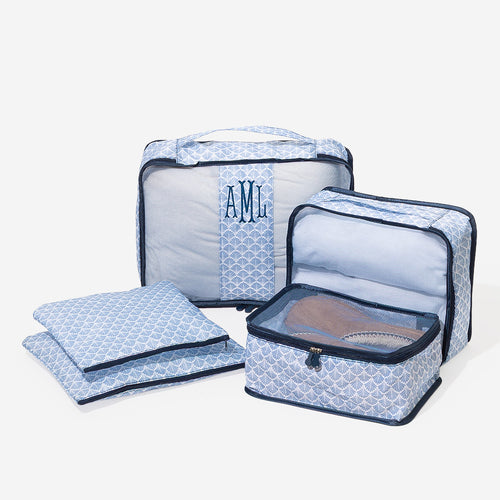 monogrammed packing bag set in blue blue shell