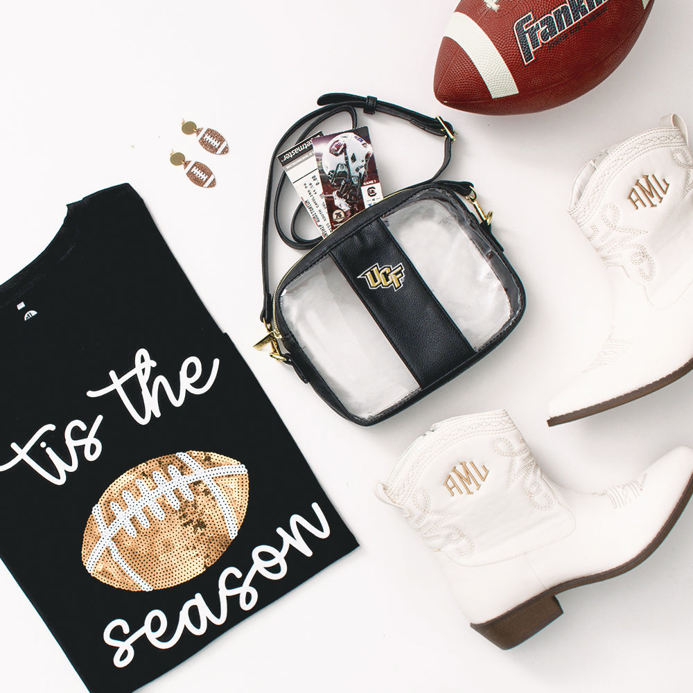 ucf knights black clear stadium crossbody with football earrings and shirt